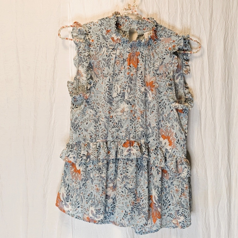 Hayden Brand Blue Mix Floral Smock Neck Flattering Ruffle Sleeveless Top Small